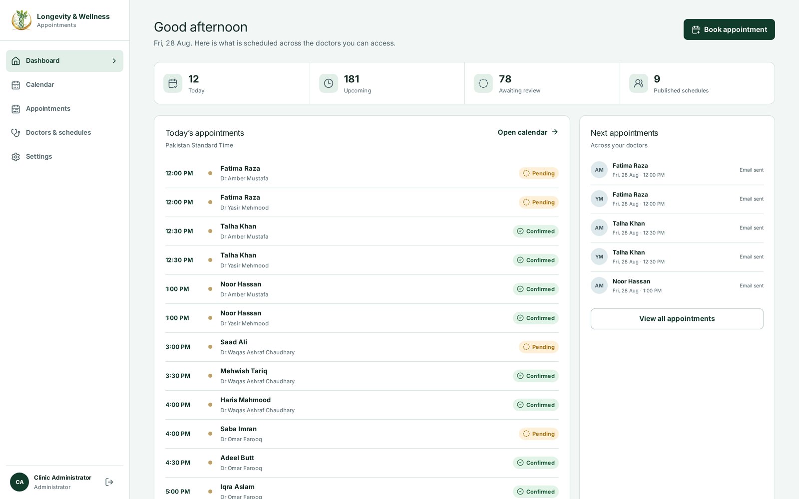 Clinic dashboard