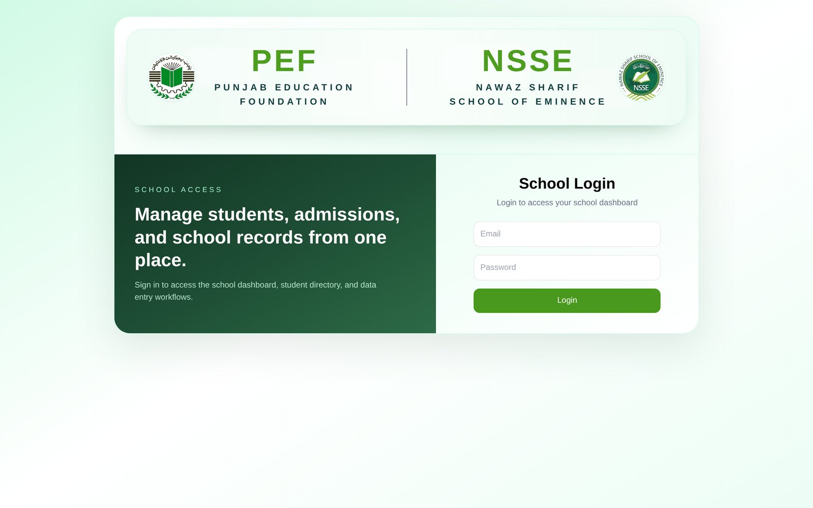 PEF · Nawaz Sharif School of Eminence interface